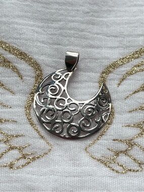 Sterling Silver Filigree Crescent Moon Pendant - Silver